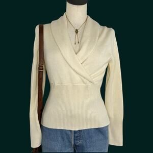 Vintage Cream Wool Blend V-Neck Collared Ribbed Sweater Petite Sophisticate